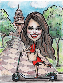 woman riding scooter in Austin custom caricature 