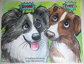 custom caricature of two dogs austin artist