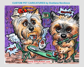 funny cartoon of two yorkie dogs drinking tea austin silly artist