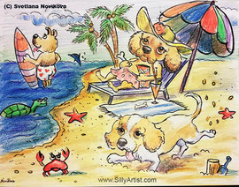 cartoon of dogs on a beach custom caricature from photo