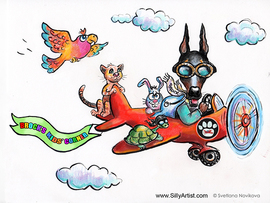 cartoon of animals flying on an airplane austin silly artist