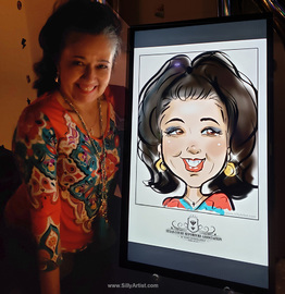 colorful digital caricature of a woman standing next to a screen in Austin