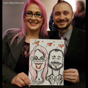 caricature of two people at a corporate party in Austin silly artist