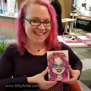 Caricatures on Clarus glass for corporate event Austin Silly artist
