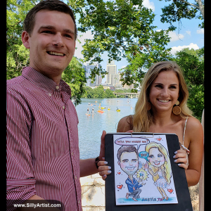 caricature of a couple in Austin surprise marriage proposal silly artist