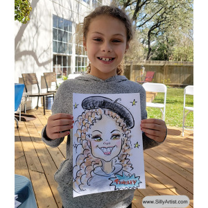 caricature of a young girl in paris themed costume at a birthday party in austin
