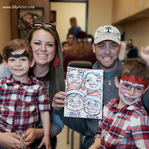 christmas caricature of a family at an Austin party silly artist