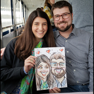 caricature of two people on a boat in Austin silly artist