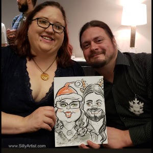 caricature of two people at a corporate party in Austin silly artist
