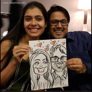 caricature of two people at a corporate party in Austin silly artist