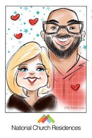 digital caricature of a cute couple in austin party