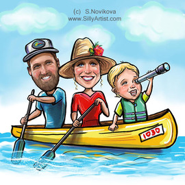 Austin caricature artist family in a canoe from photo