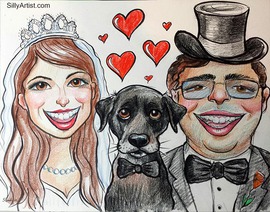 wedding caricature of a bride groom and dog in Austin silly artist