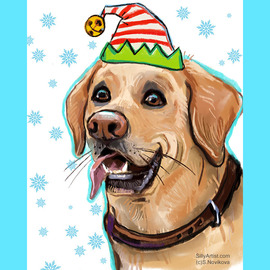 funny labrador retriever in a hat holiday caricature portrait