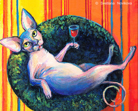 custom caricature painting of a cat drinking wine on a couch
