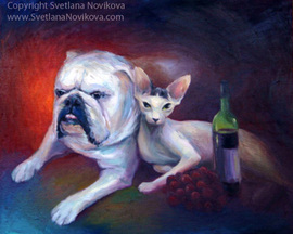 oil painting of a dog and a sphinx cat drinking wine